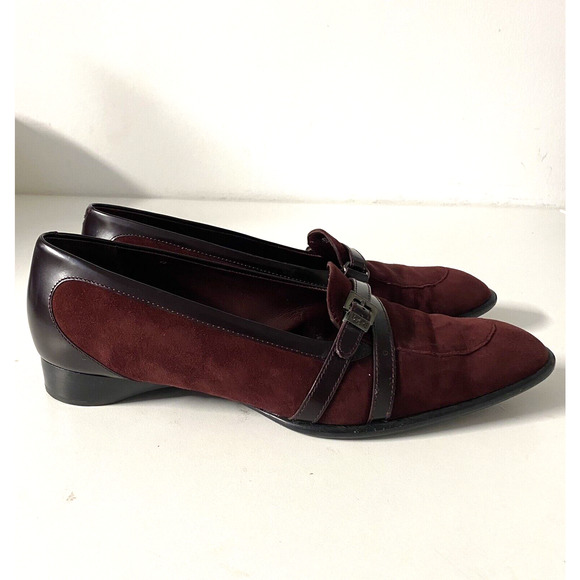 TOD's Loafer Round Toe Burgundy Red Suede Buckle Leather Strap 0.75" Hee… - Picture 9 of 11